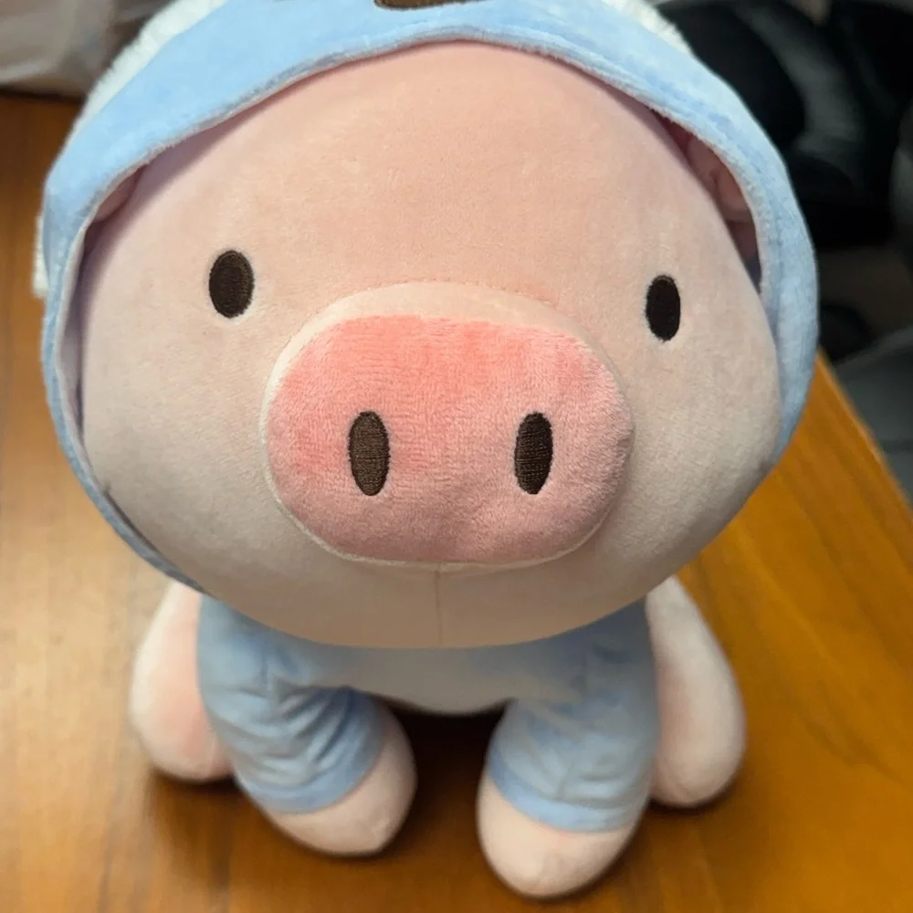 Miniso Life Plush Pig Gigi in Blue Bear Hoodie Pink & Light Blue Stuffed Animal - Picture 3 of 7